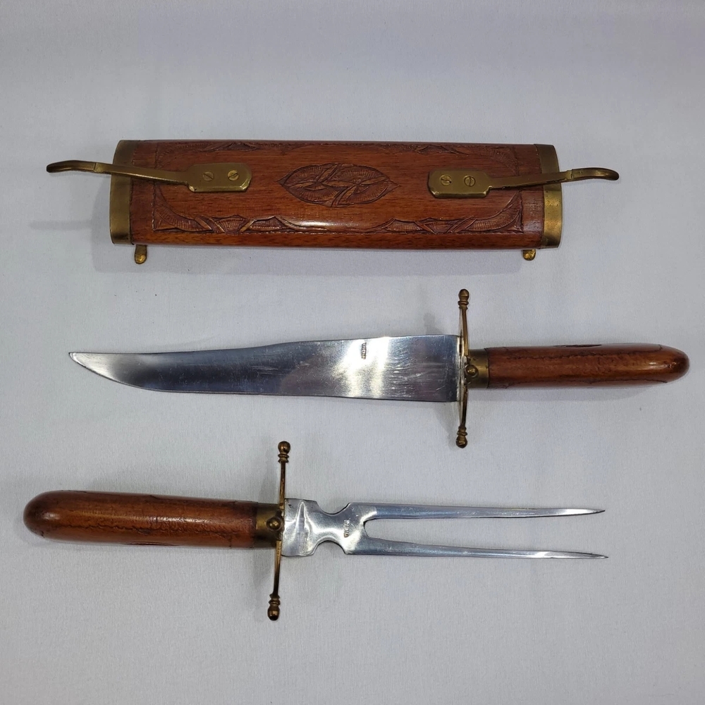 Vintage Meat Carving Set 8" Knife Fork Wood Sheath Handle 1950s Brass Trim